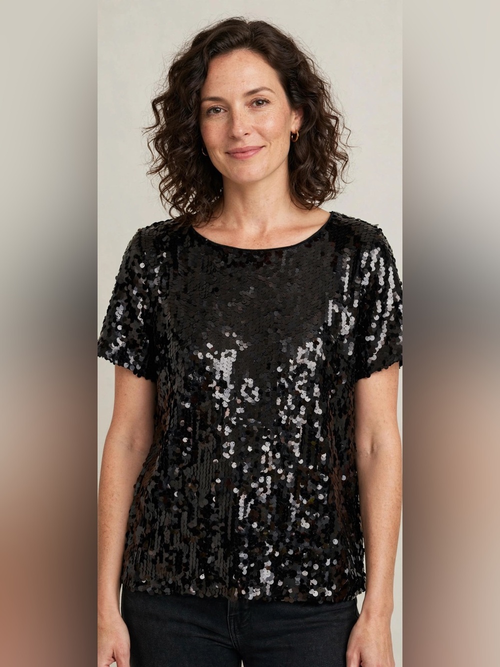 Ann Taylor Black Sequin Short Sleeve Top